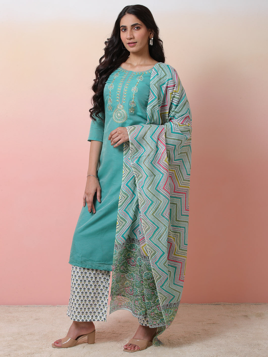 Green & White Printed Kurta Palazzo With Dupatta - Elganza
