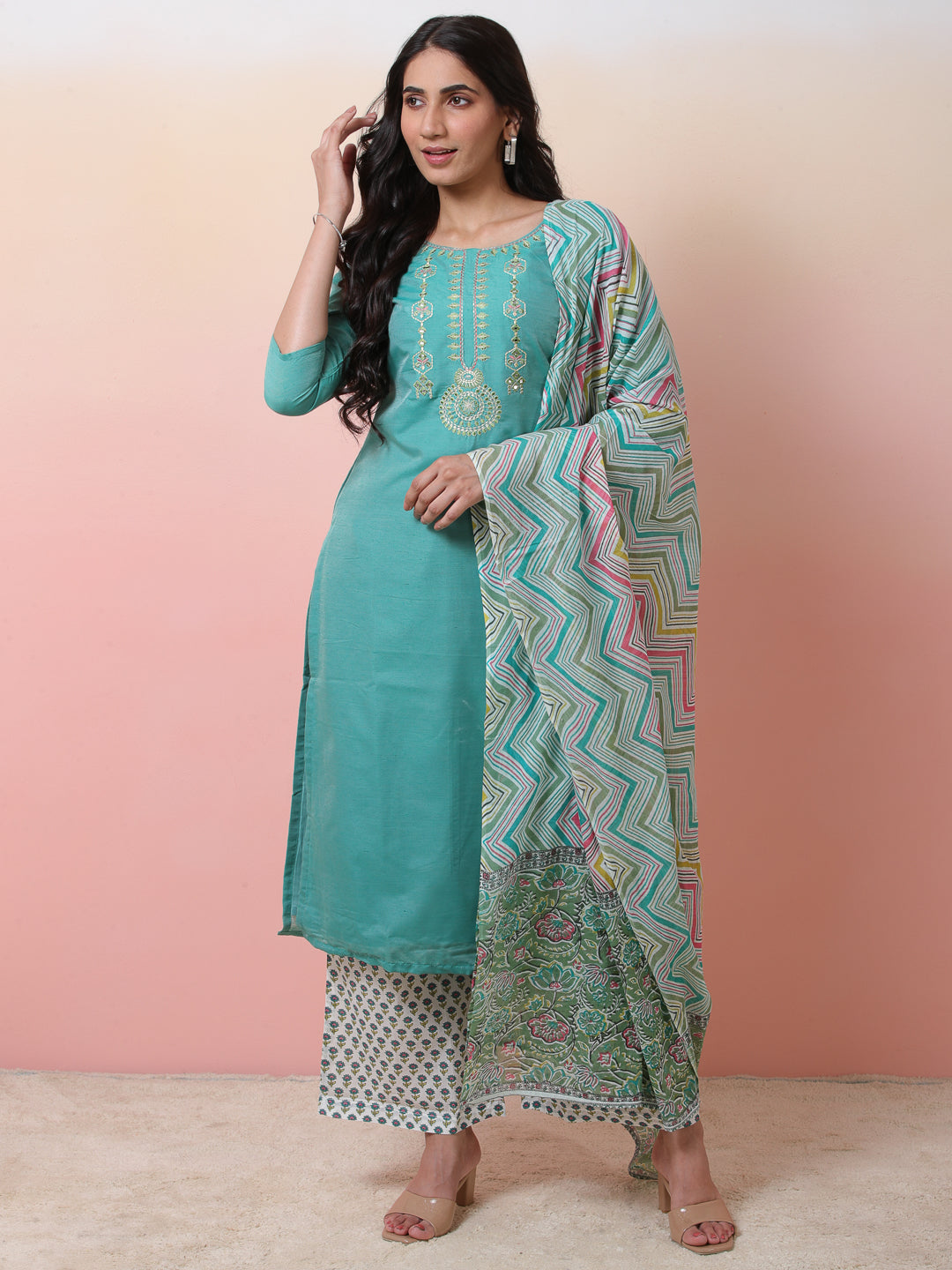Green & White Printed Kurta Palazzo With Dupatta - Elganza