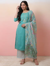 Green & White Printed Kurta Palazzo With Dupatta - Elganza
