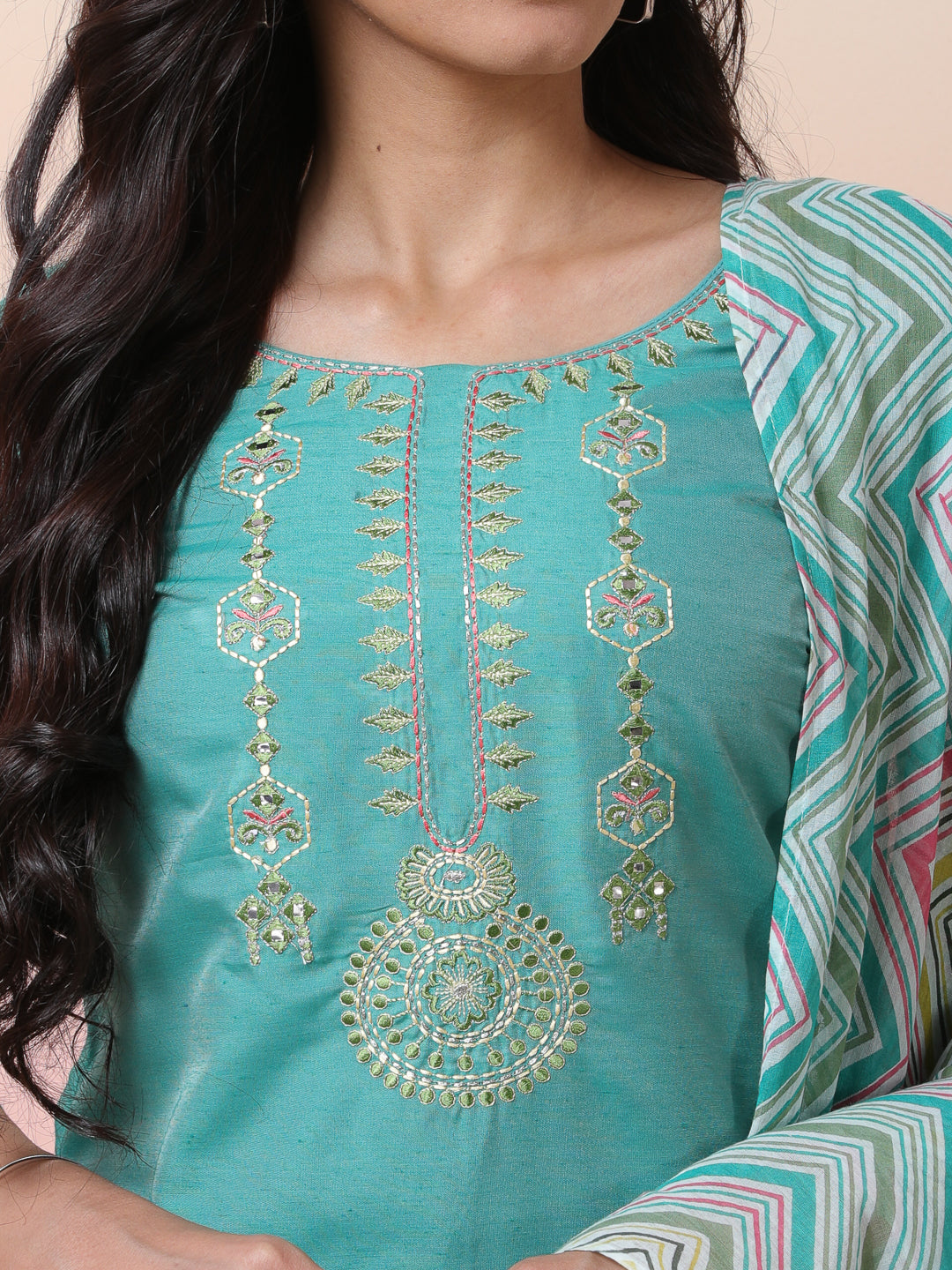 Green & White Printed Kurta Palazzo With Dupatta - Elganza