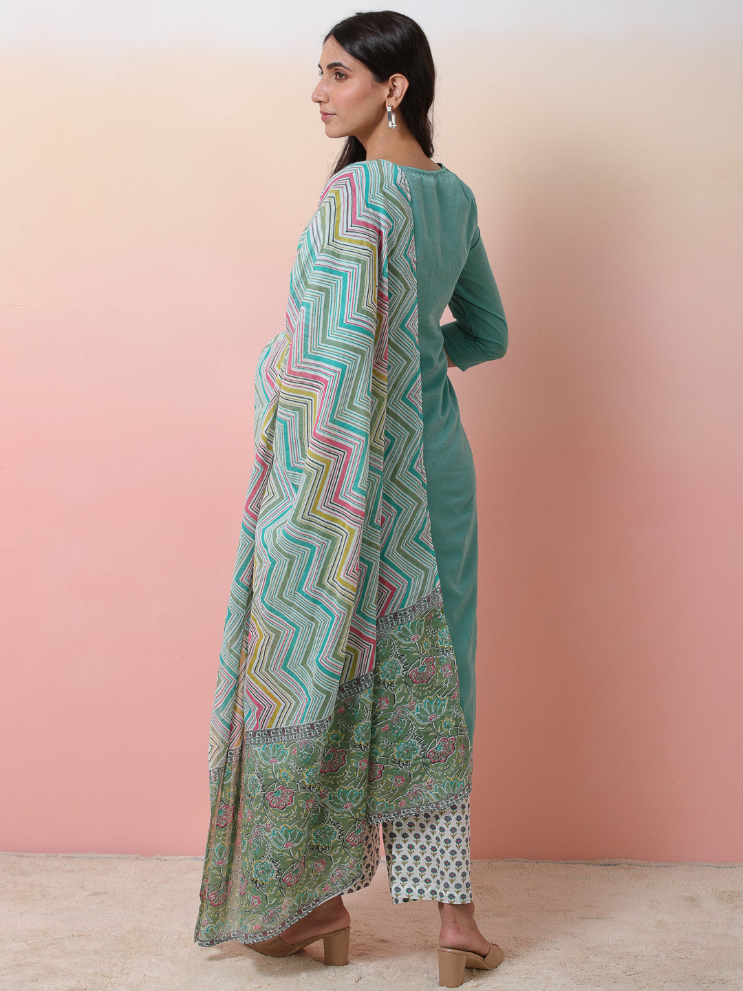 Green & White Printed Kurta Palazzo With Dupatta - Elganza