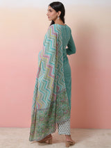Green & White Printed Kurta Palazzo With Dupatta - Elganza