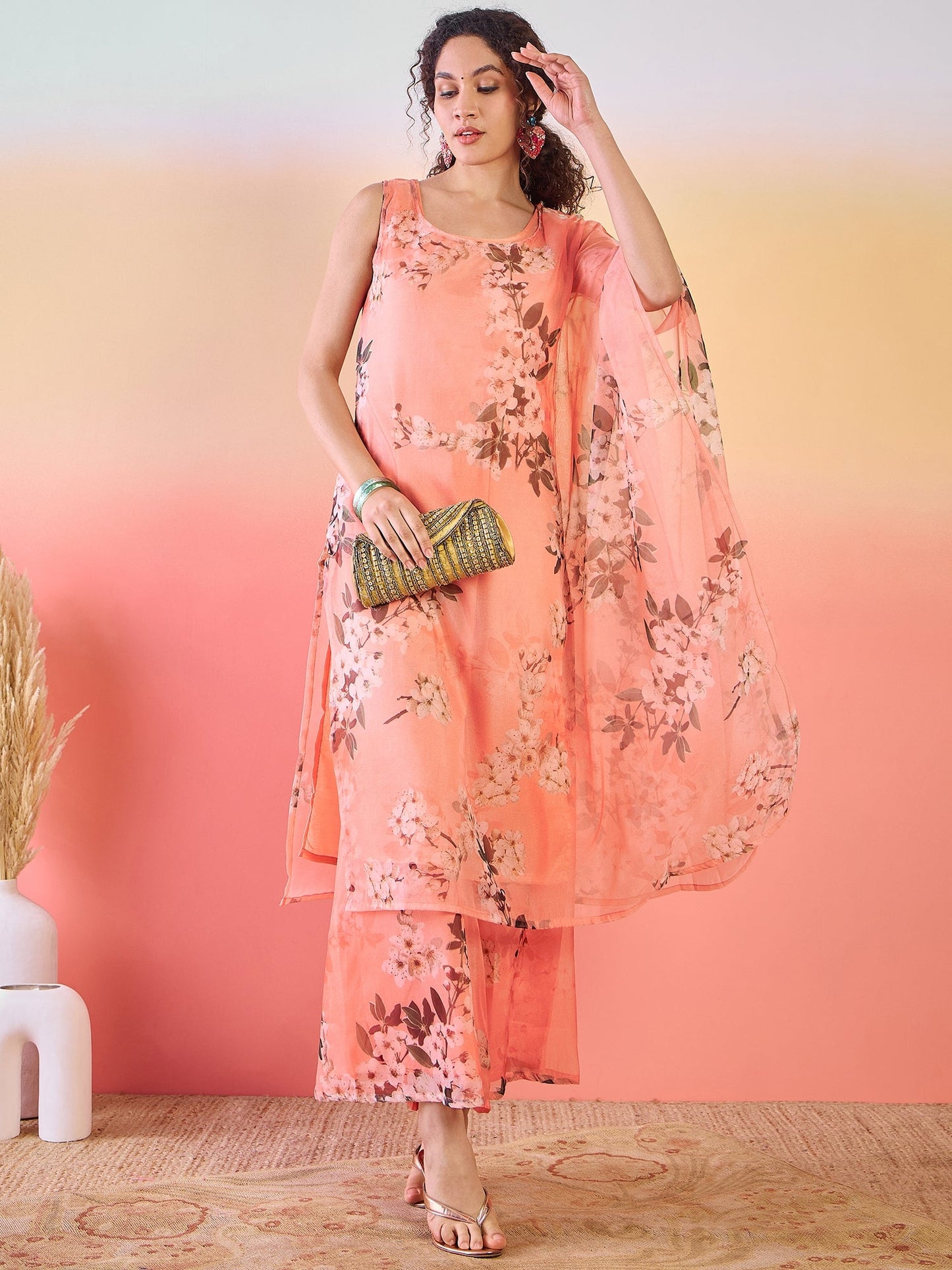 Peach Floral Print Kurta Palazzo - Elganza