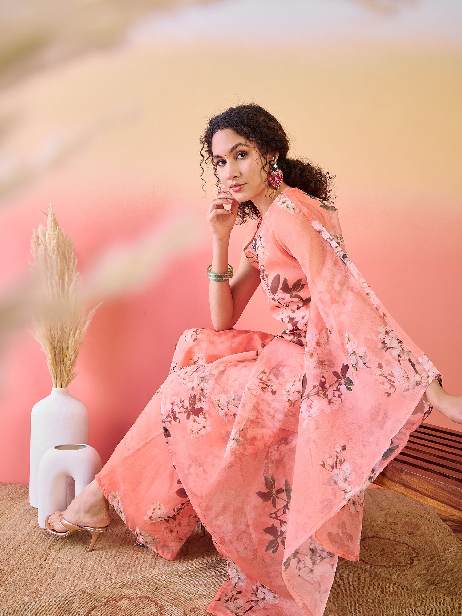 Peach Floral Print Kurta Palazzo - Elganza