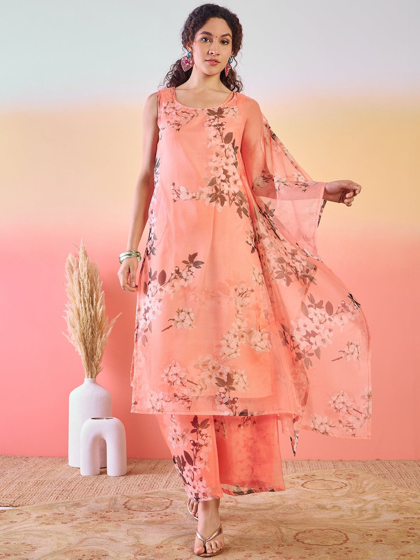 Peach Floral Print Kurta Palazzo - Elganza