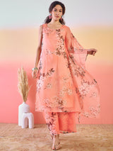 Peach Floral Print Kurta Palazzo - Elganza