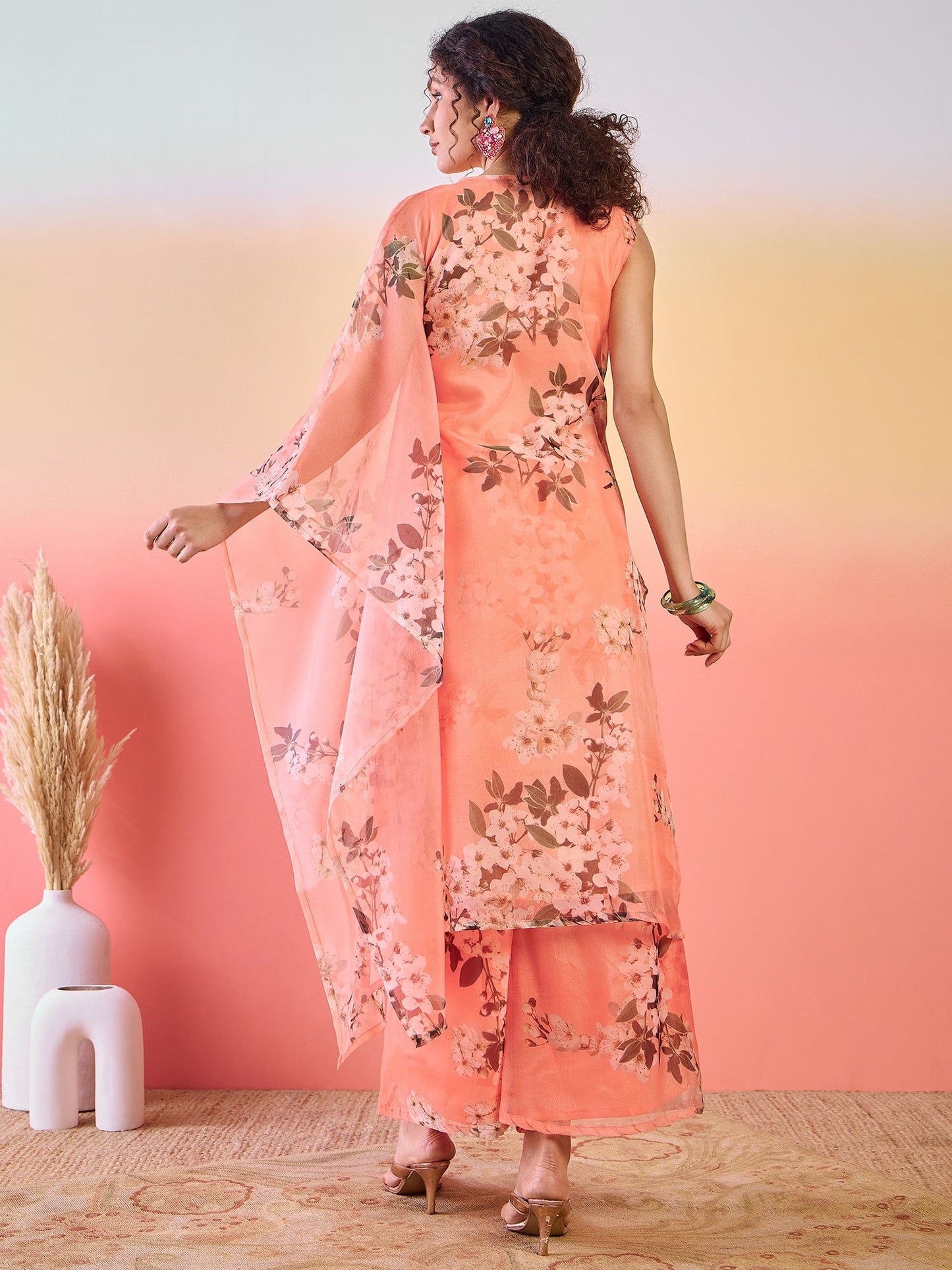 Peach Floral Print Kurta Palazzo - Elganza