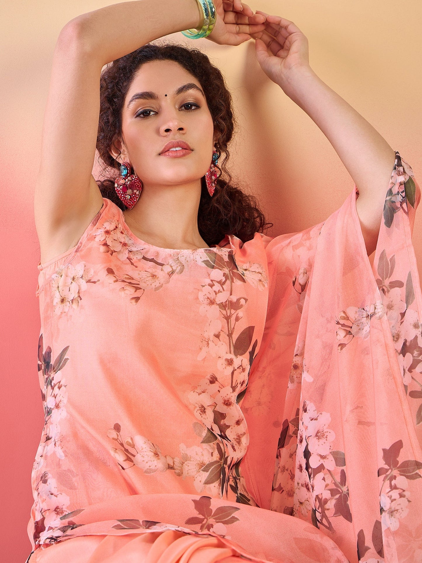 Peach Floral Print Kurta Palazzo - Elganza