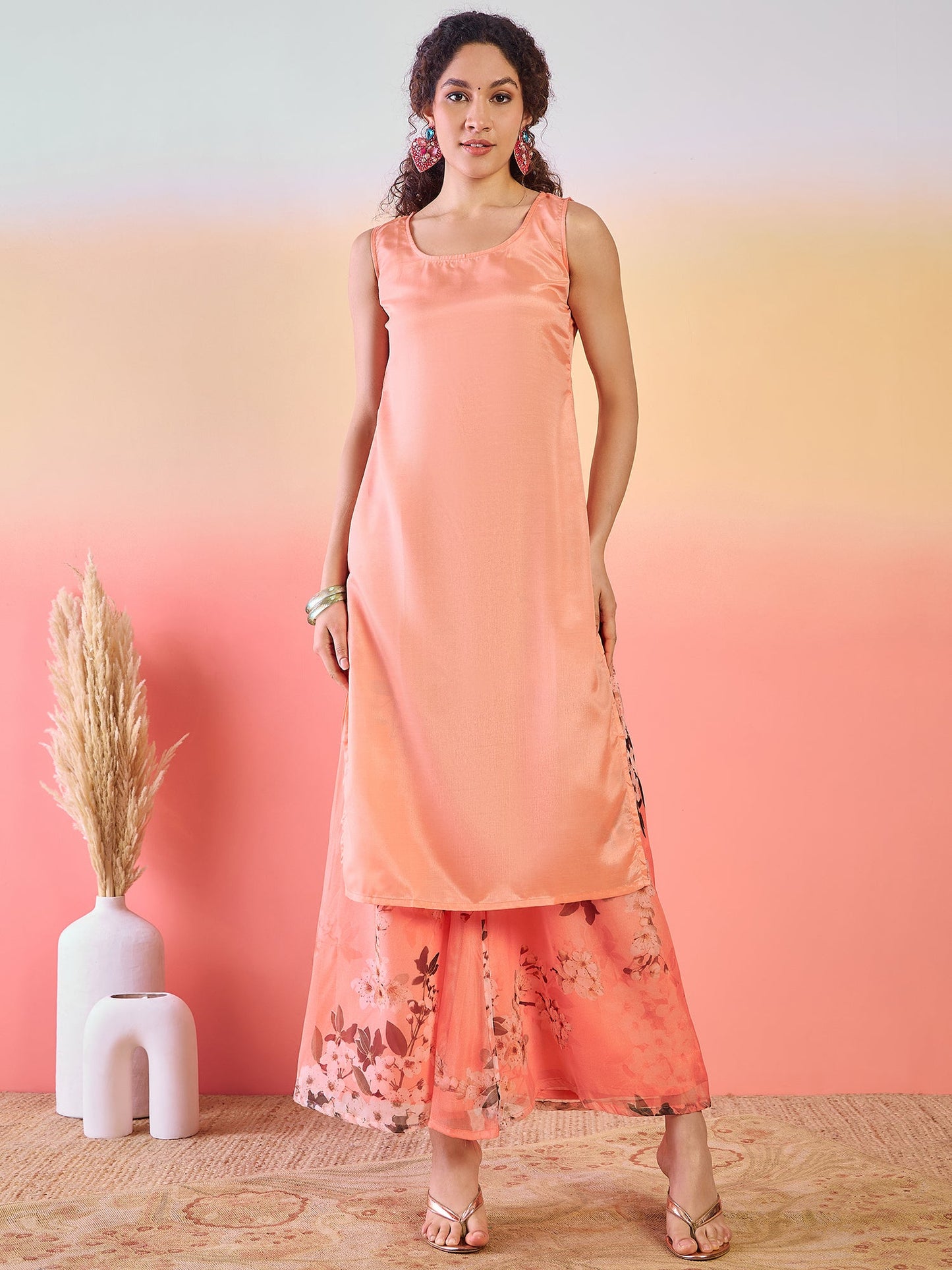 Peach Floral Print Kurta Palazzo - Elganza