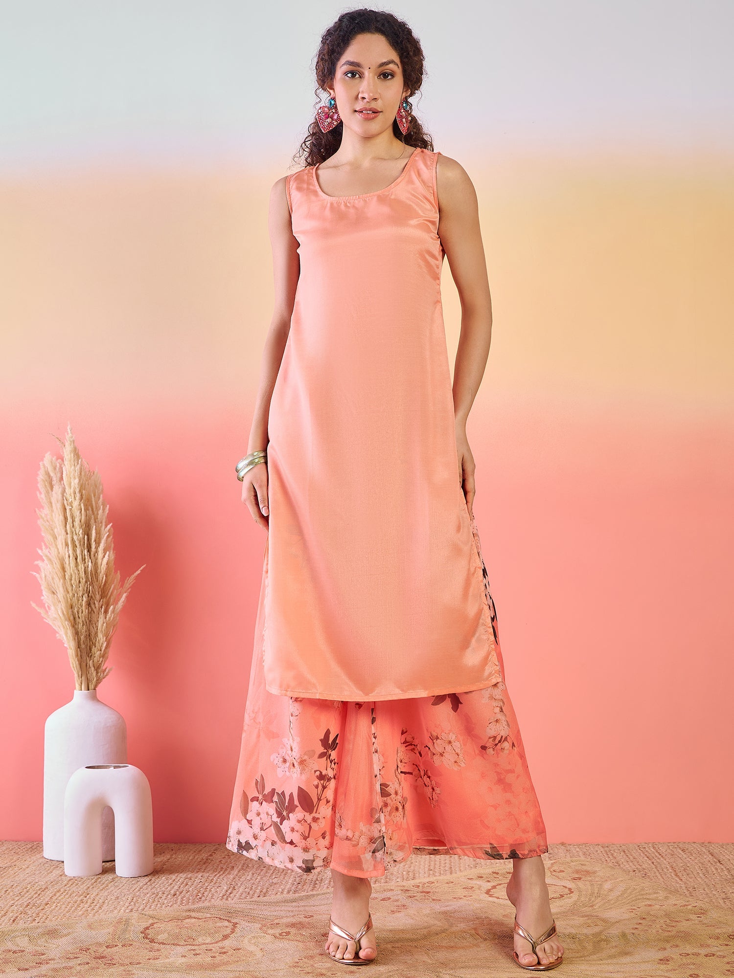 Peach Floral Print Kurta Palazzo - Elganza