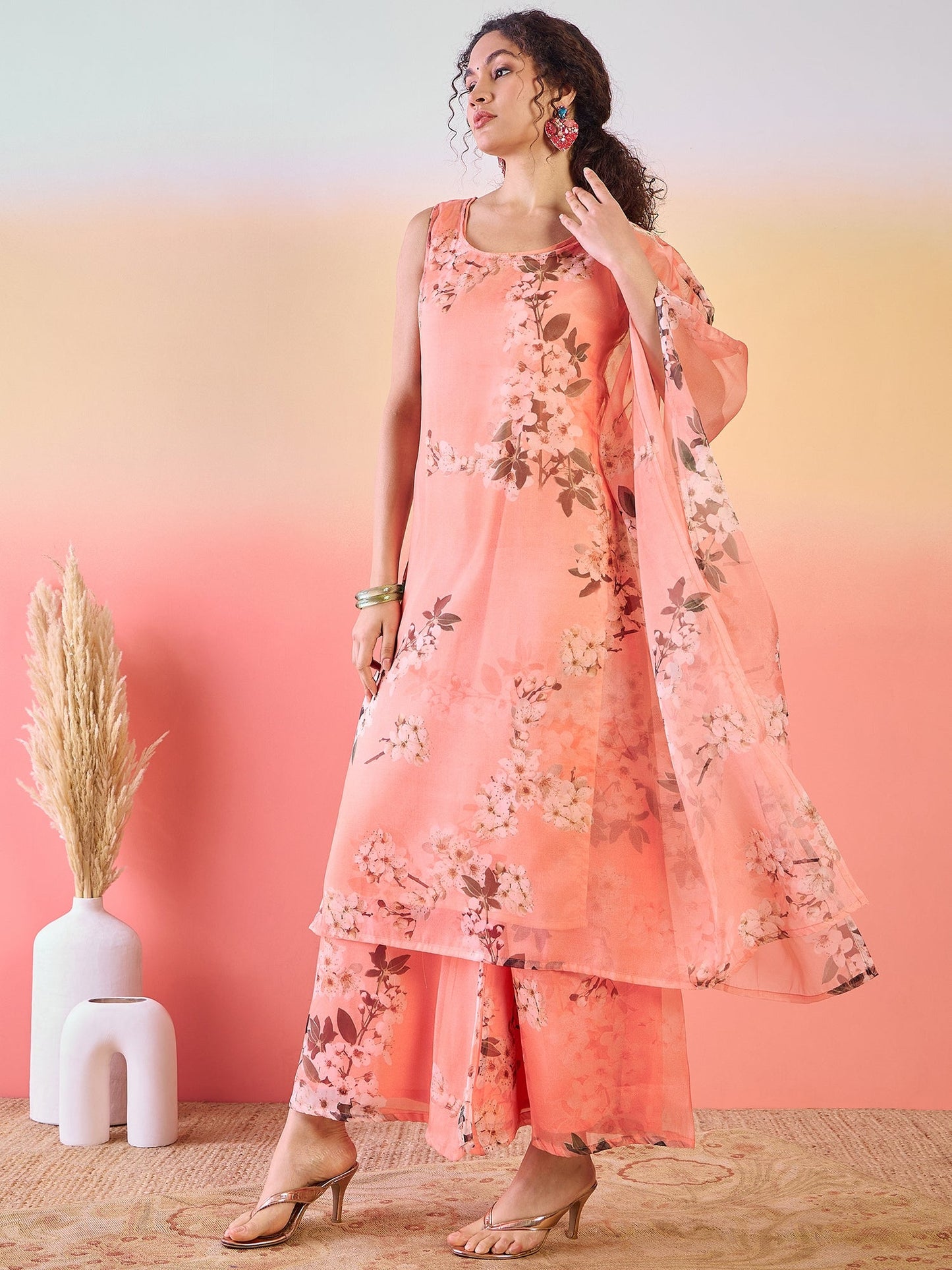 Peach Floral Print Kurta Palazzo - Elganza