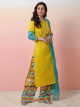Yellow Embroidered Kurta Palazzo With Dupatta - Elganza