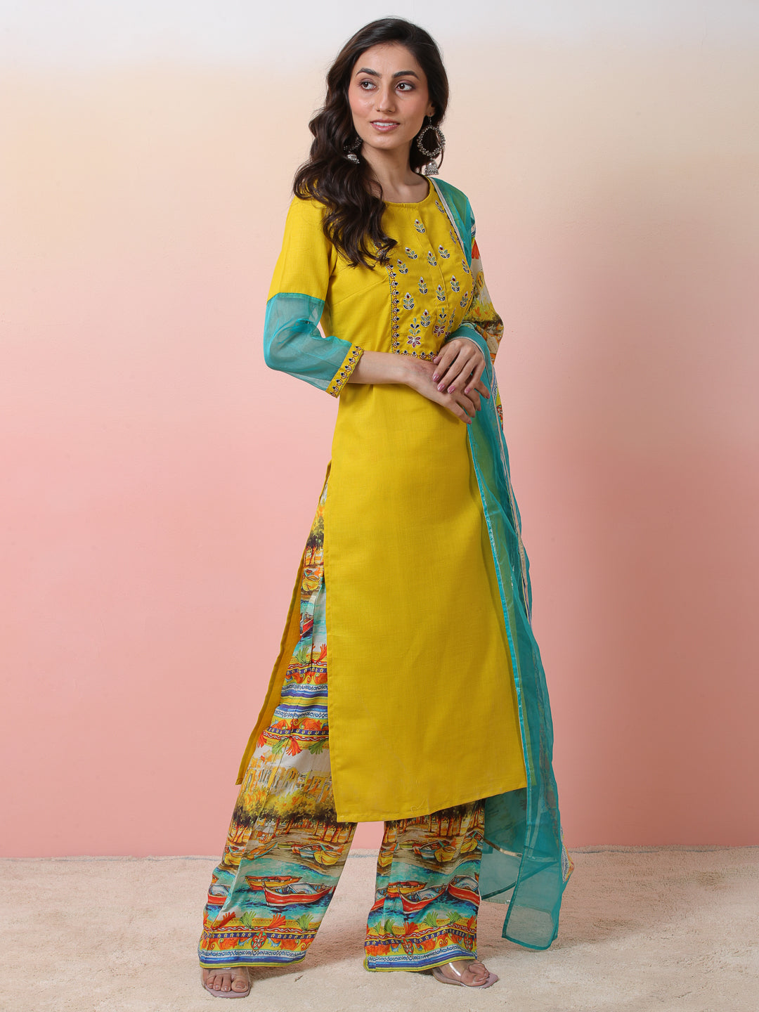 Yellow Embroidered Kurta Palazzo With Dupatta - Elganza