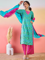 Blue Bandhani Print Kurta Palazzo With Dupatta - Elganza