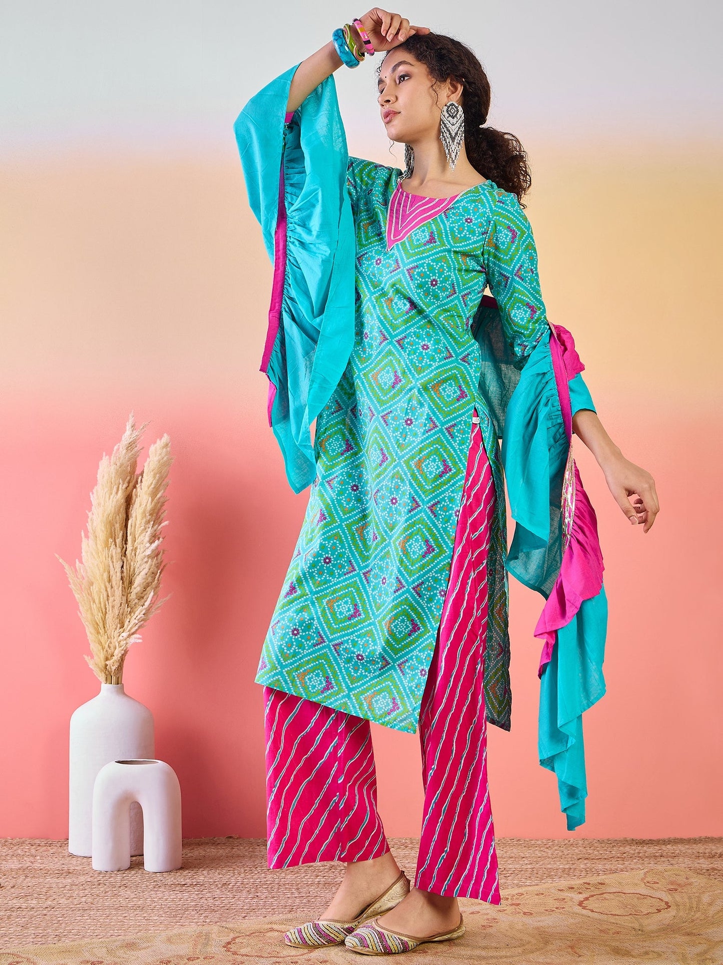 Blue Bandhani Print Kurta Palazzo With Dupatta - Elganza