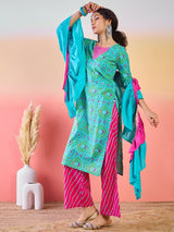 Blue Bandhani Print Kurta Palazzo With Dupatta - Elganza