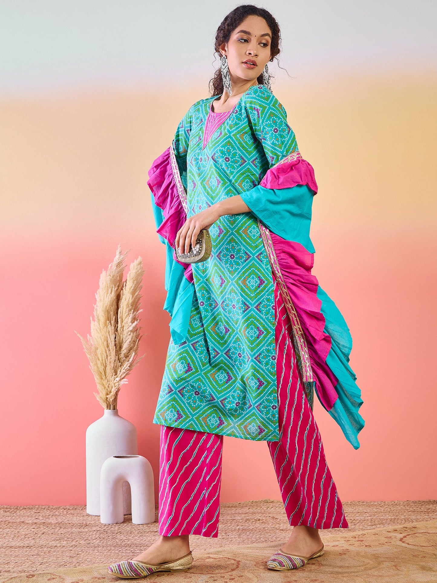 Blue Bandhani Print Kurta Palazzo With Dupatta - Elganza