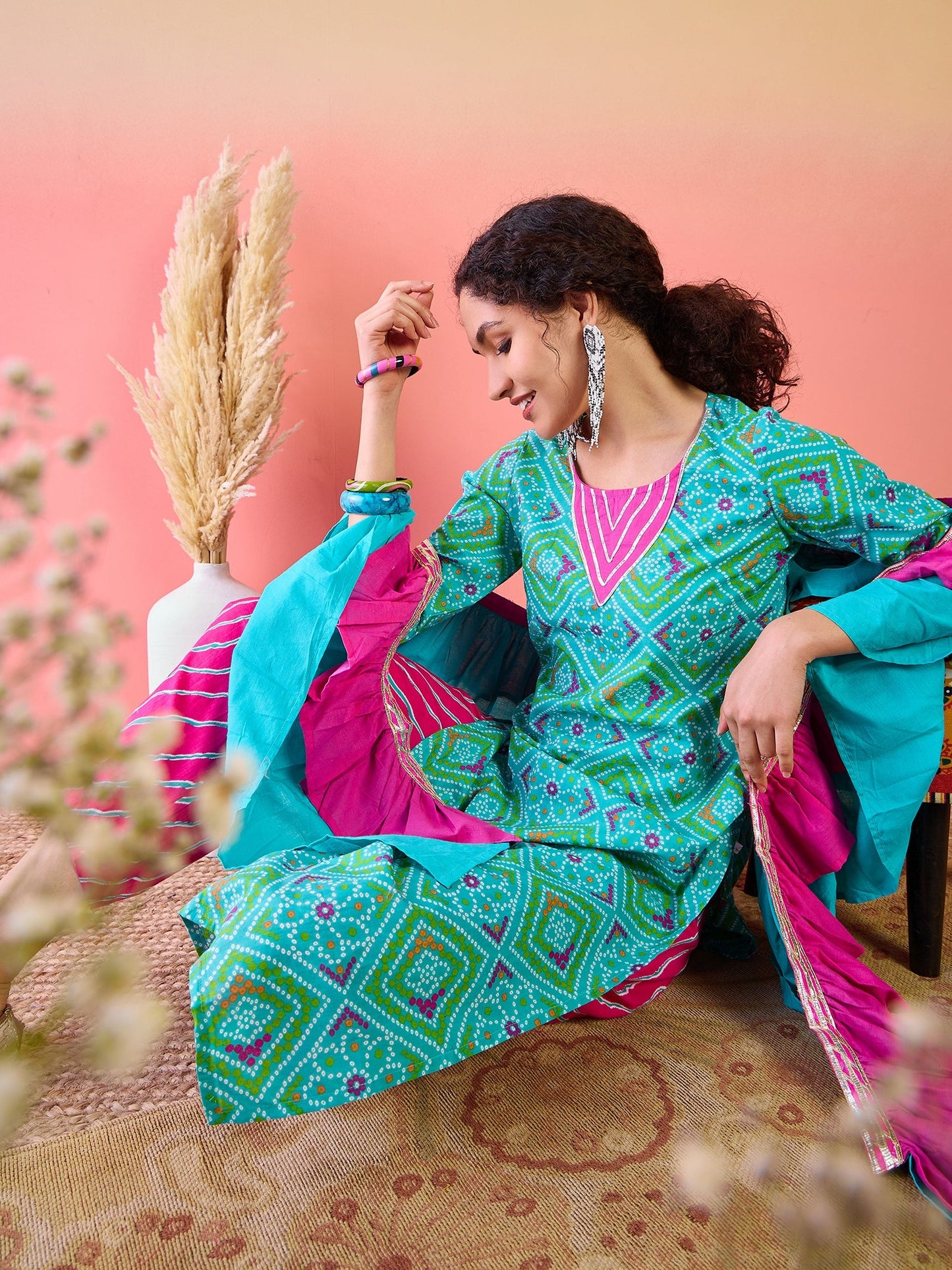 Blue Bandhani Print Kurta Palazzo With Dupatta - Elganza