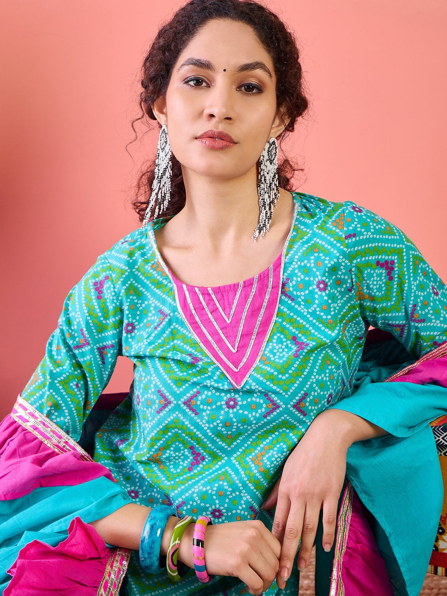 Blue Bandhani Print Kurta Palazzo With Dupatta - Elganza