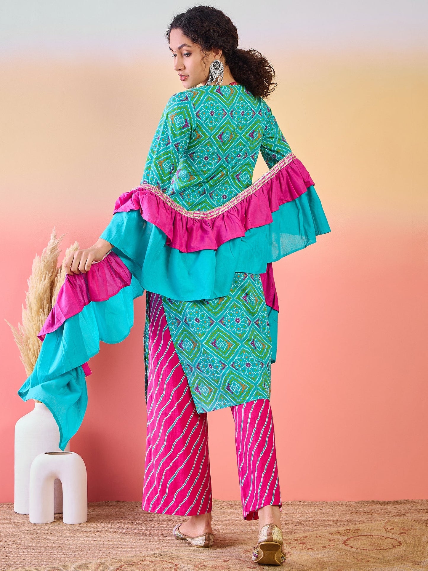 Blue Bandhani Print Kurta Palazzo With Dupatta - Elganza