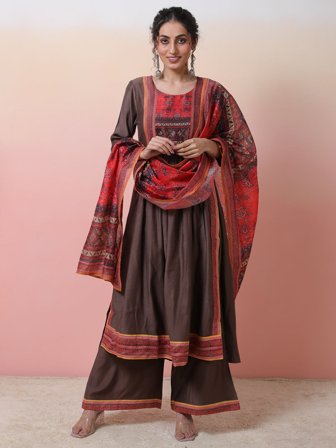 Brown Printed Nyra-Cut Kurta Palazzo With Dupatta - Elganza