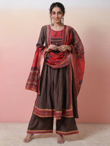 Brown Printed Nyra-Cut Kurta Palazzo With Dupatta - Elganza