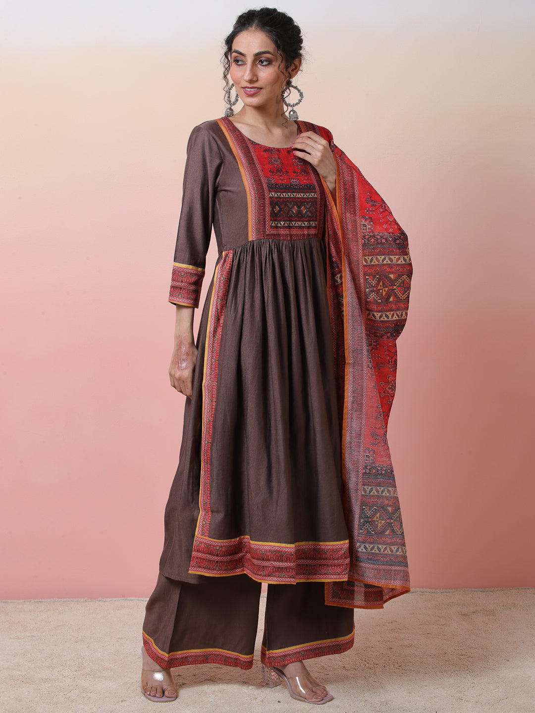 Brown Printed Nyra-Cut Kurta Palazzo With Dupatta - Elganza