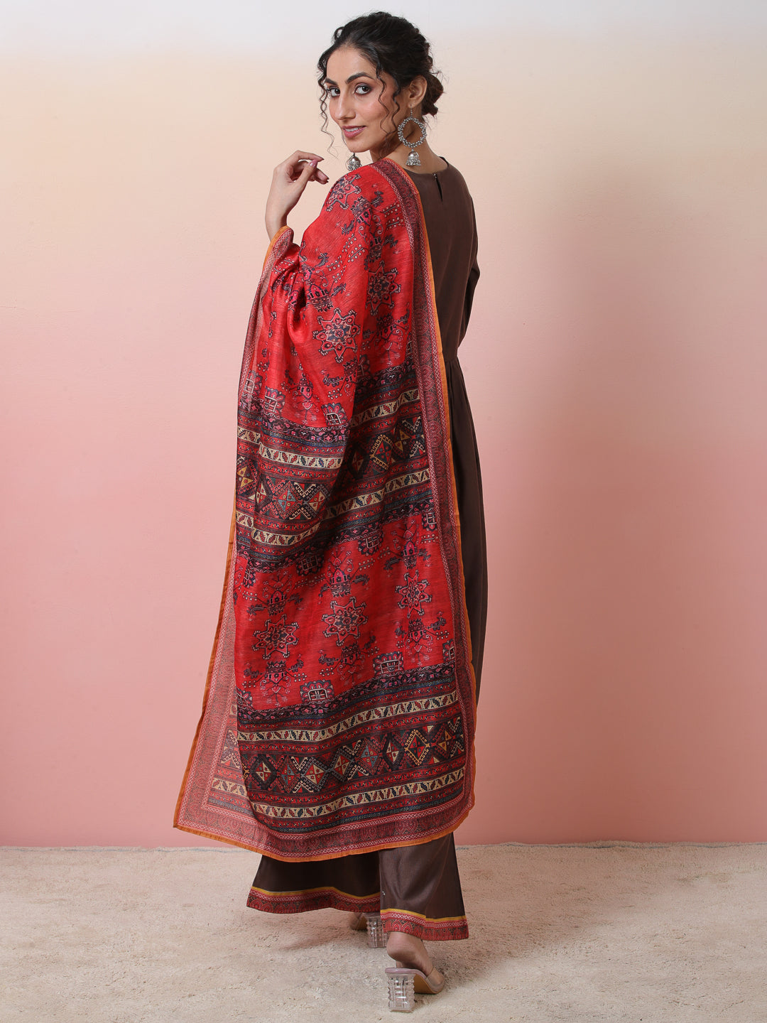 Brown Printed Nyra-Cut Kurta Palazzo With Dupatta - Elganza