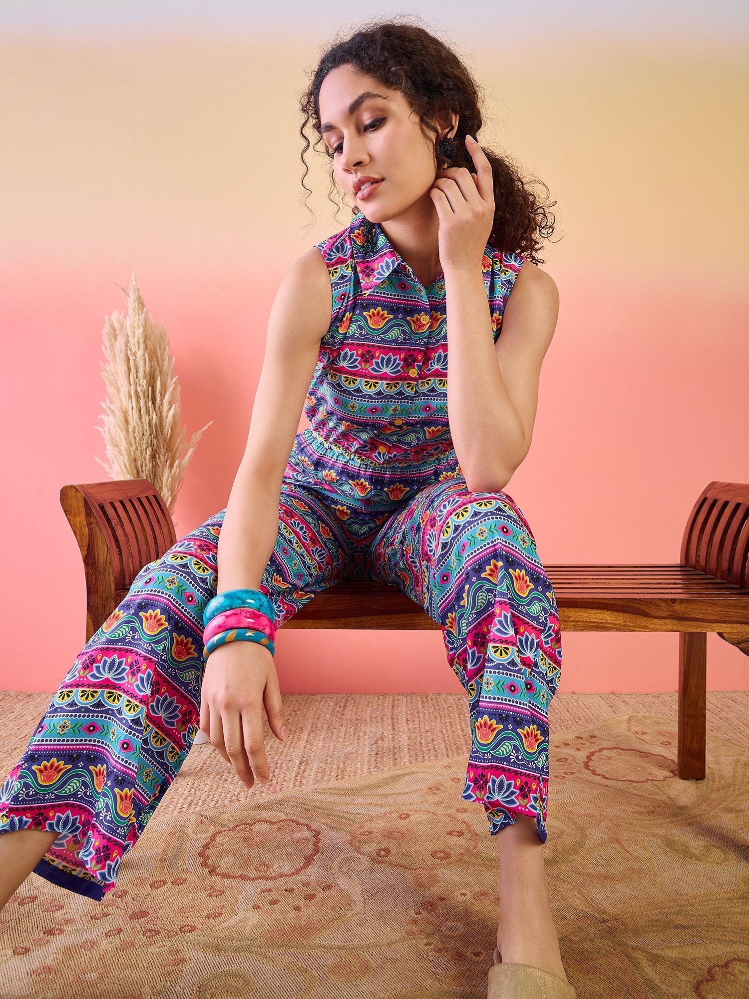 Blue & Pink Floral Print Jumpsuit - Elganza