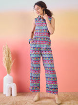 Blue & Pink Floral Print Jumpsuit - Elganza