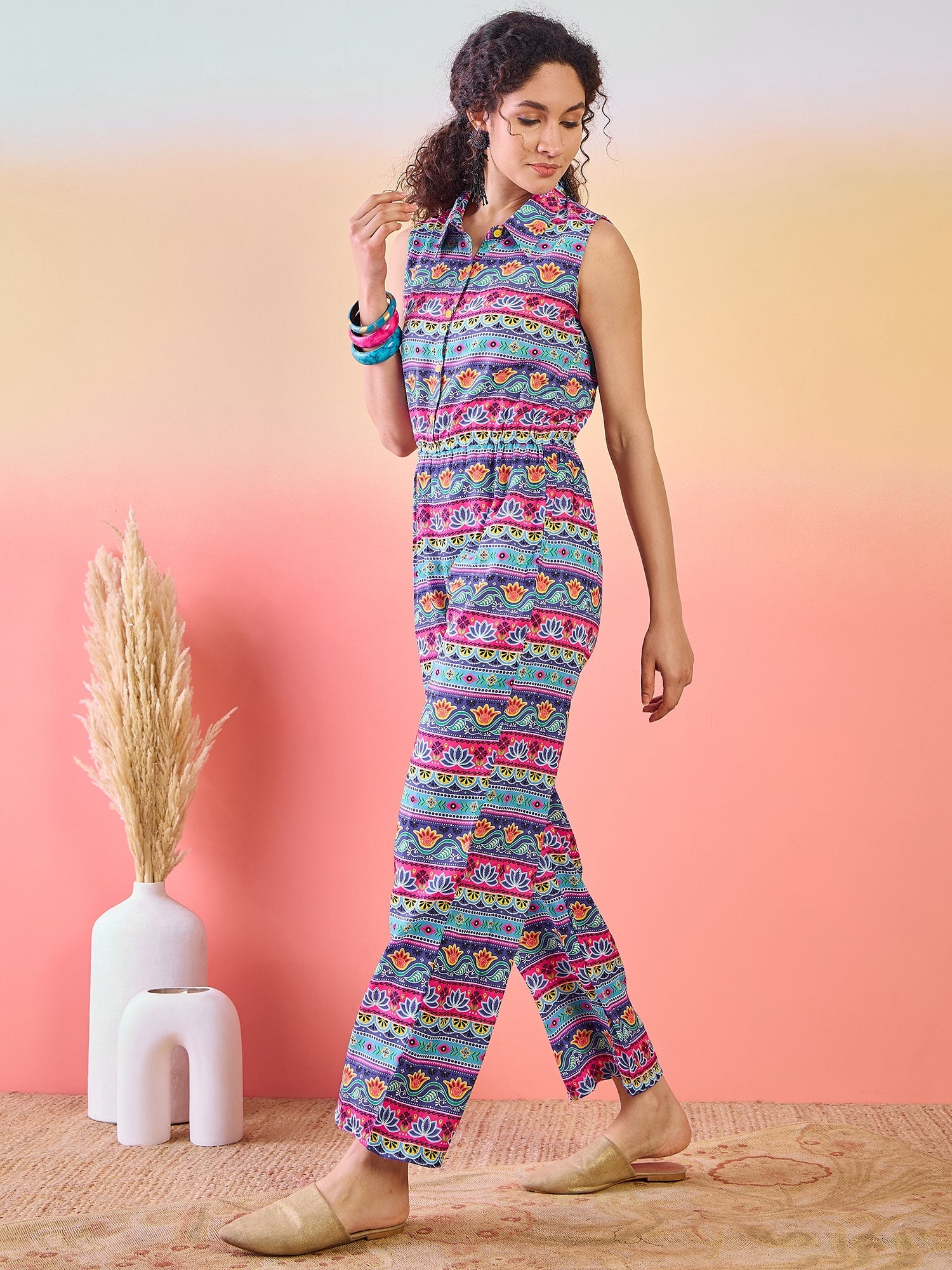 Blue & Pink Floral Print Jumpsuit - Elganza