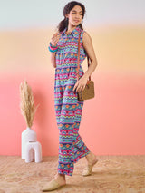 Blue & Pink Floral Print Jumpsuit - Elganza
