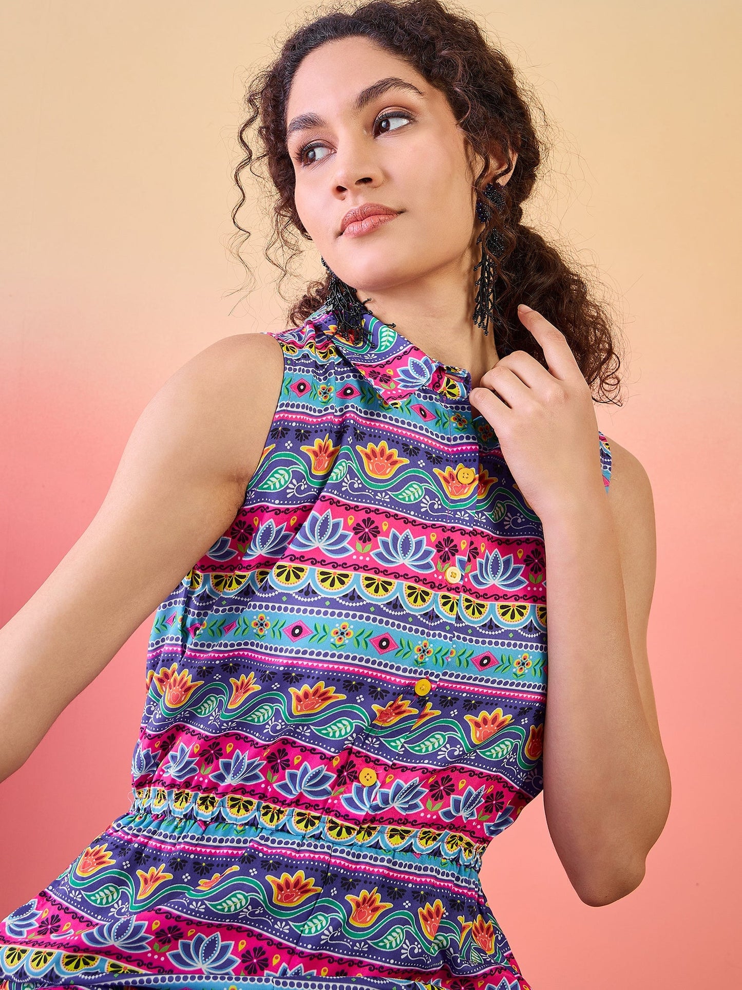 Blue & Pink Floral Print Jumpsuit - Elganza