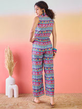 Blue & Pink Floral Print Jumpsuit - Elganza