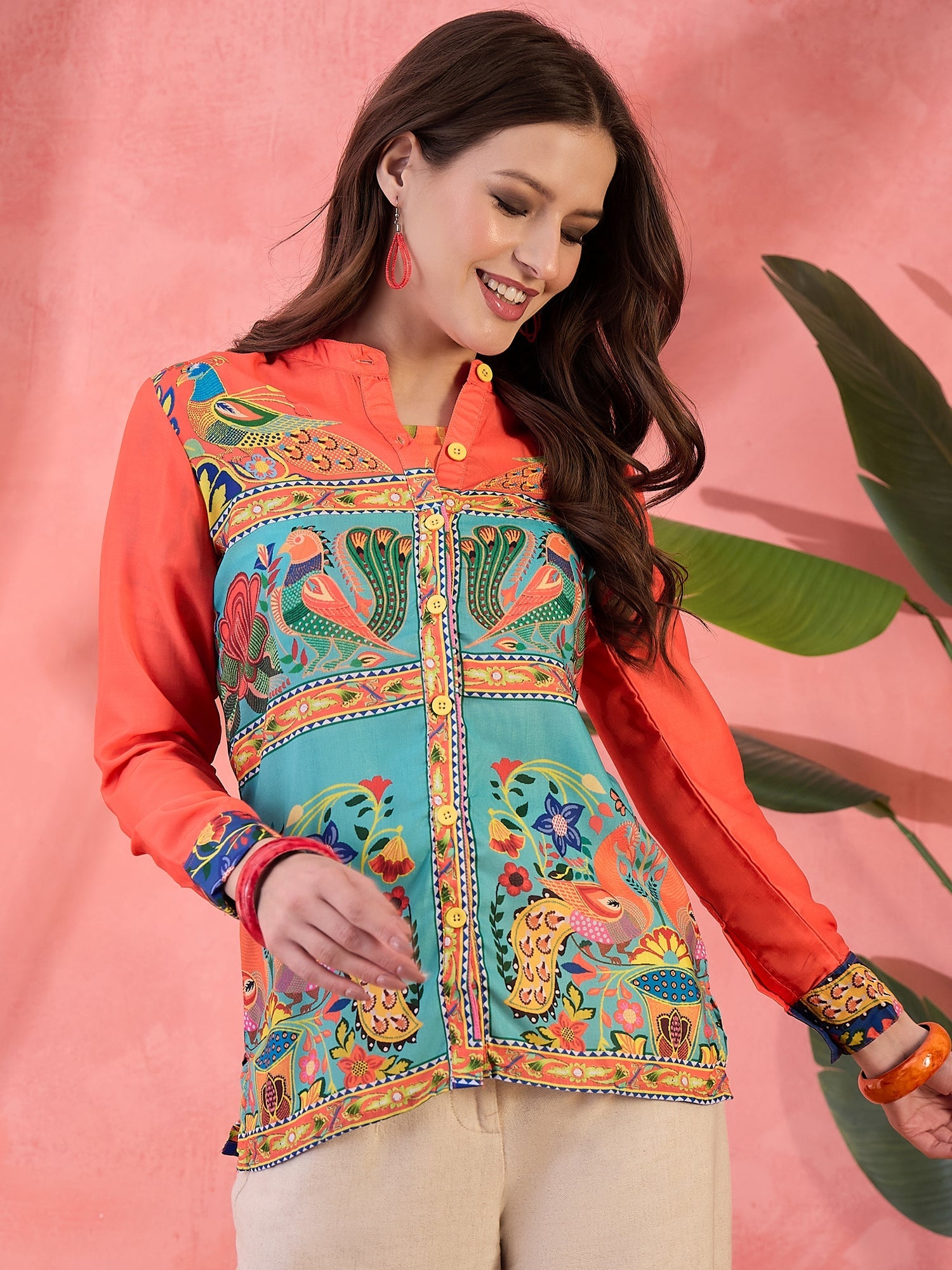 Orange & Pink Abstract Printed Shirt - Elganza