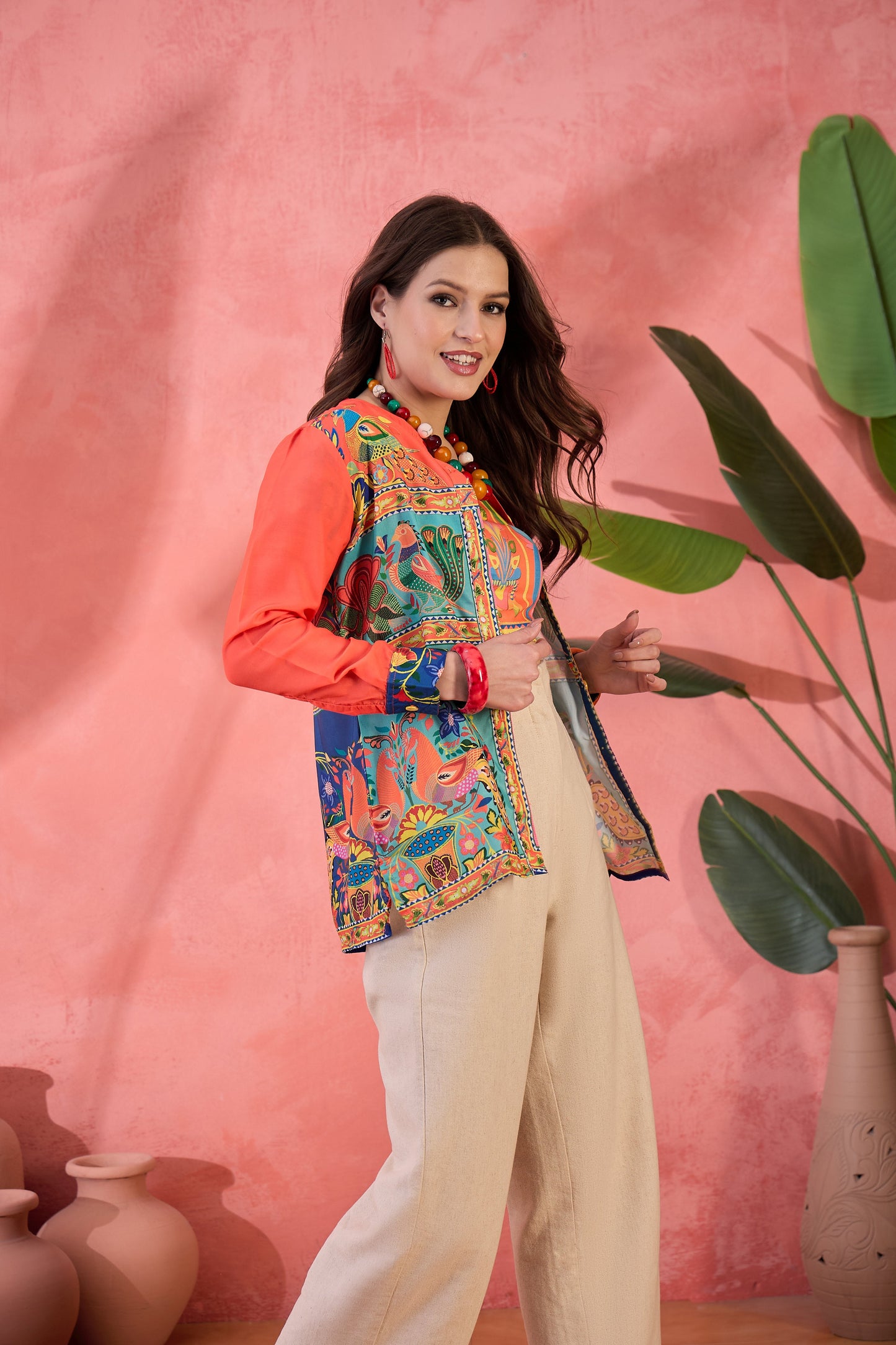 Orange & Pink Abstract Printed Shirt - Elganza