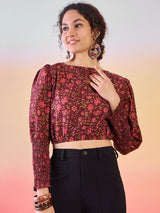 Burgundy Floral Print Crop Top - Elganza