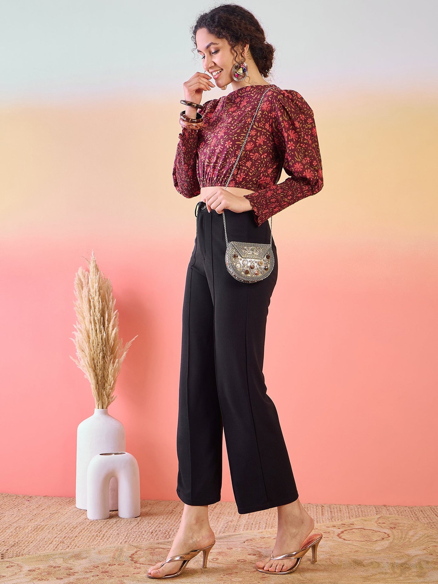 Burgundy Floral Print Crop Top - Elganza