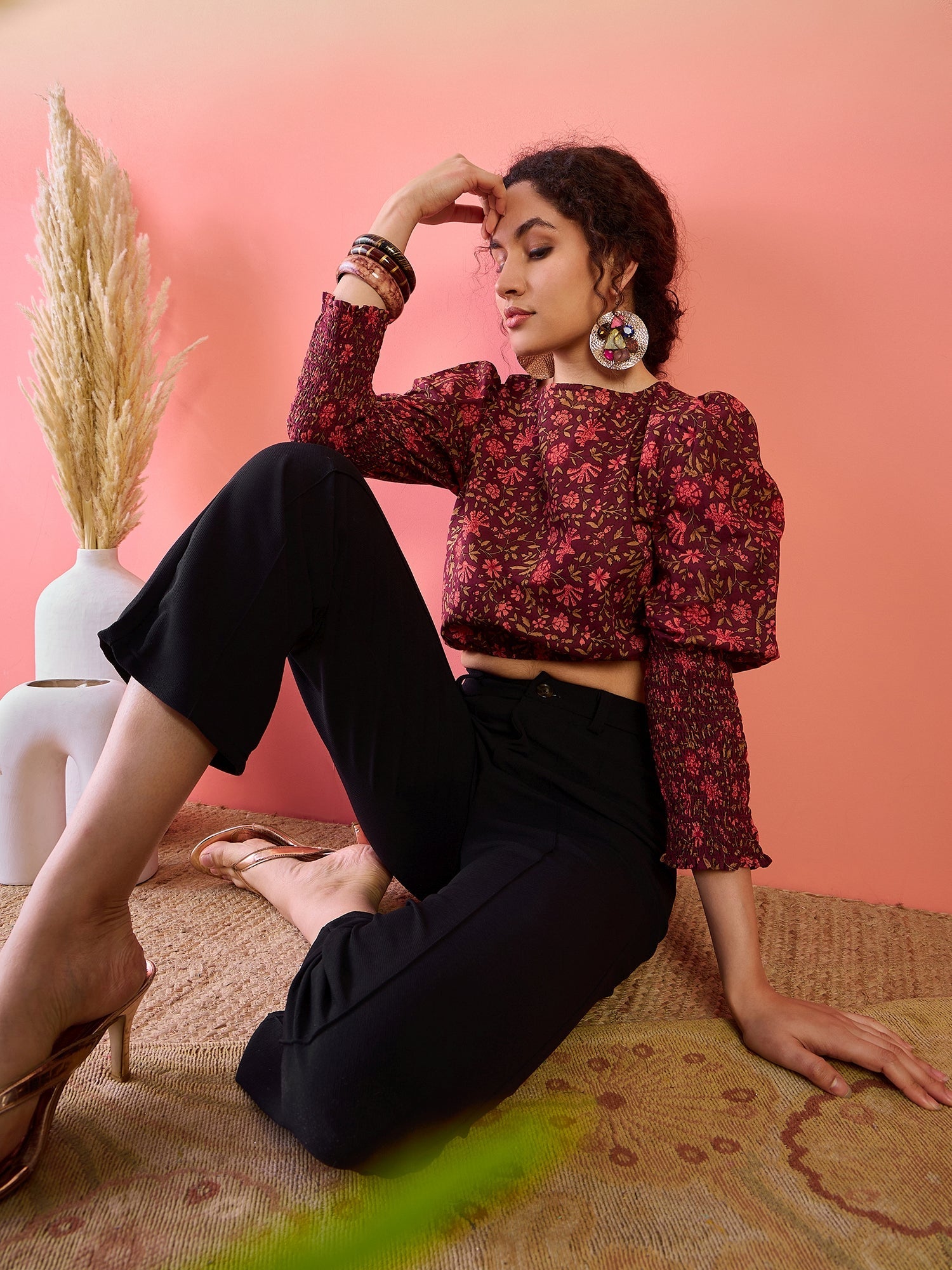 Burgundy Floral Print Crop Top - Elganza