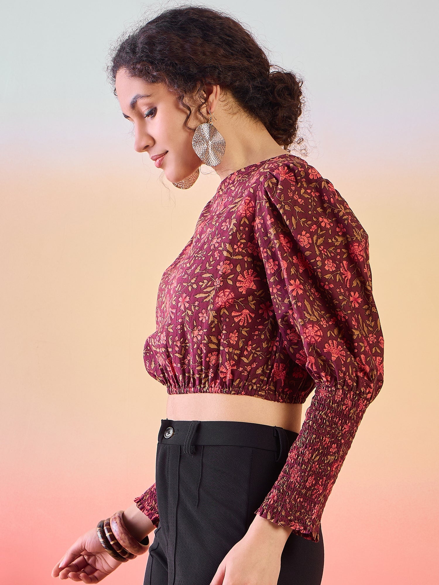 Burgundy Floral Print Crop Top - Elganza