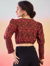 Burgundy Floral Print Crop Top - Elganza