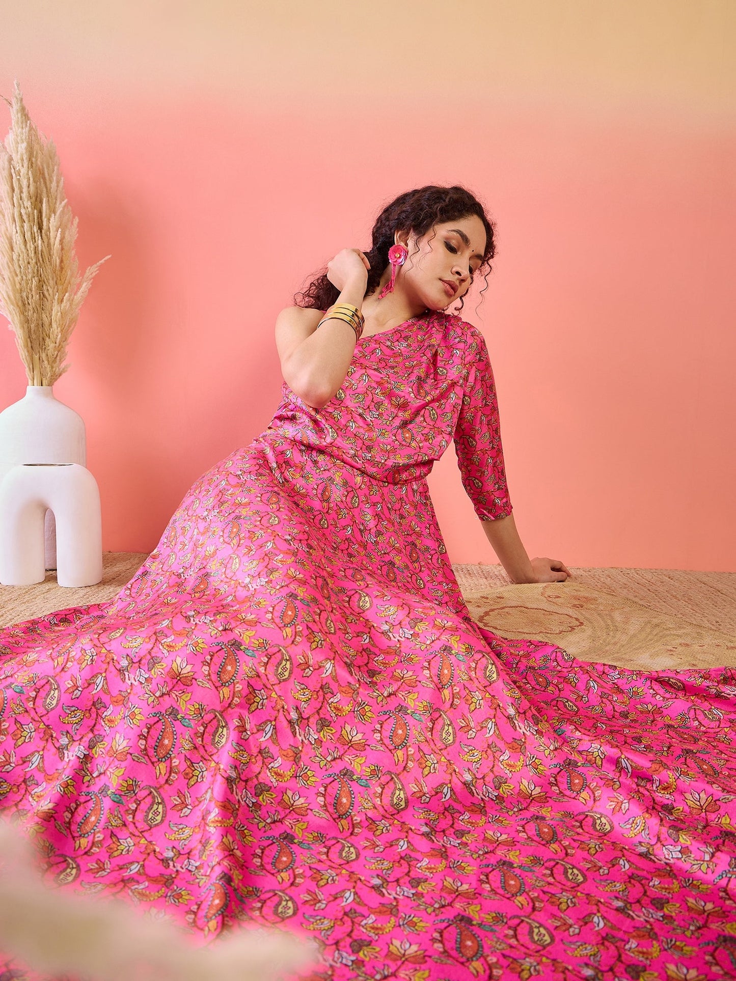 Pink Floral Print Flared Maxi Dress - Elganza