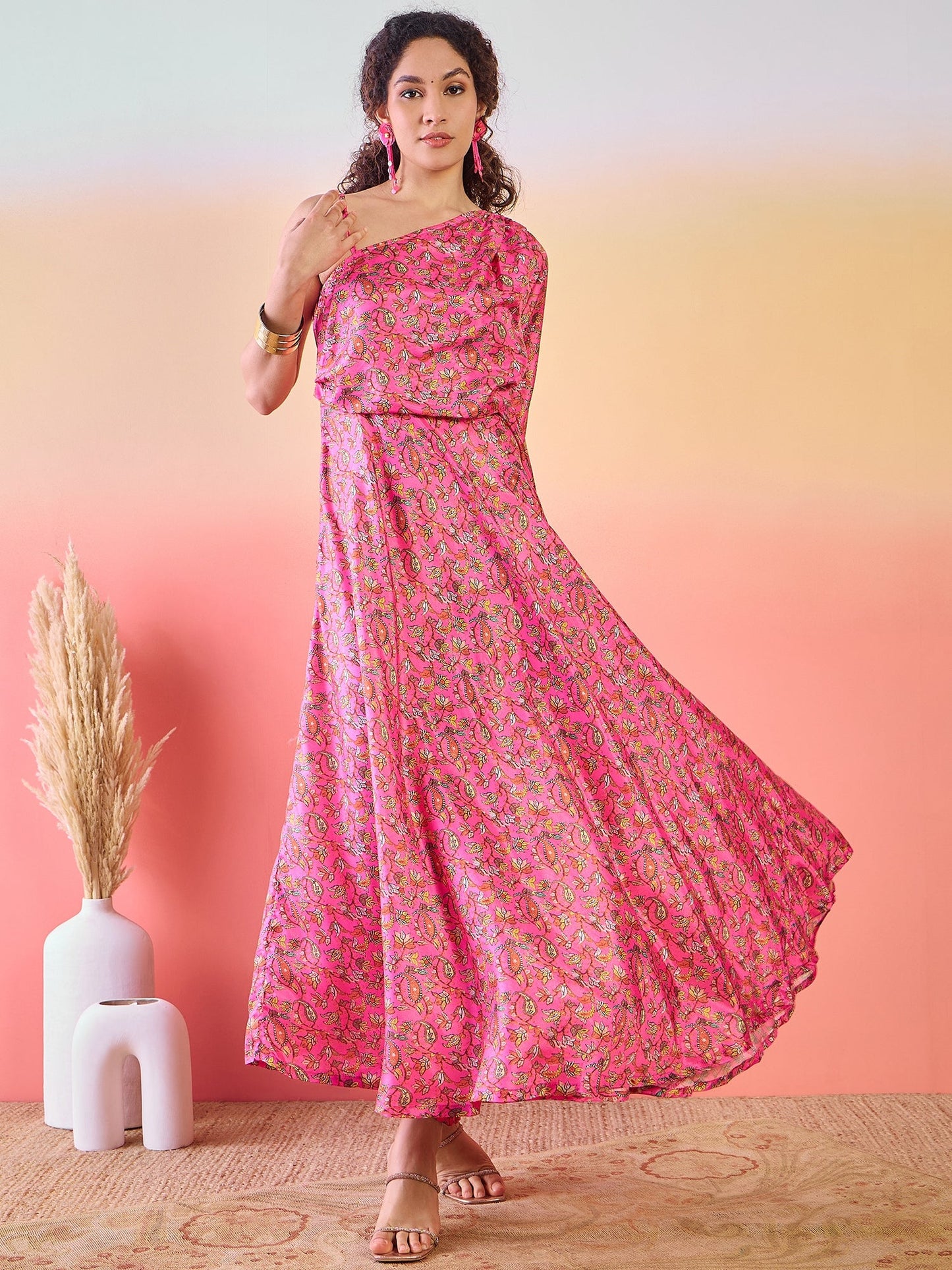 Pink Floral Print Flared Maxi Dress - Elganza