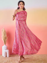Pink Floral Print Flared Maxi Dress - Elganza
