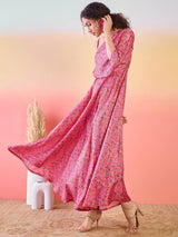 Pink Floral Print Flared Maxi Dress - Elganza