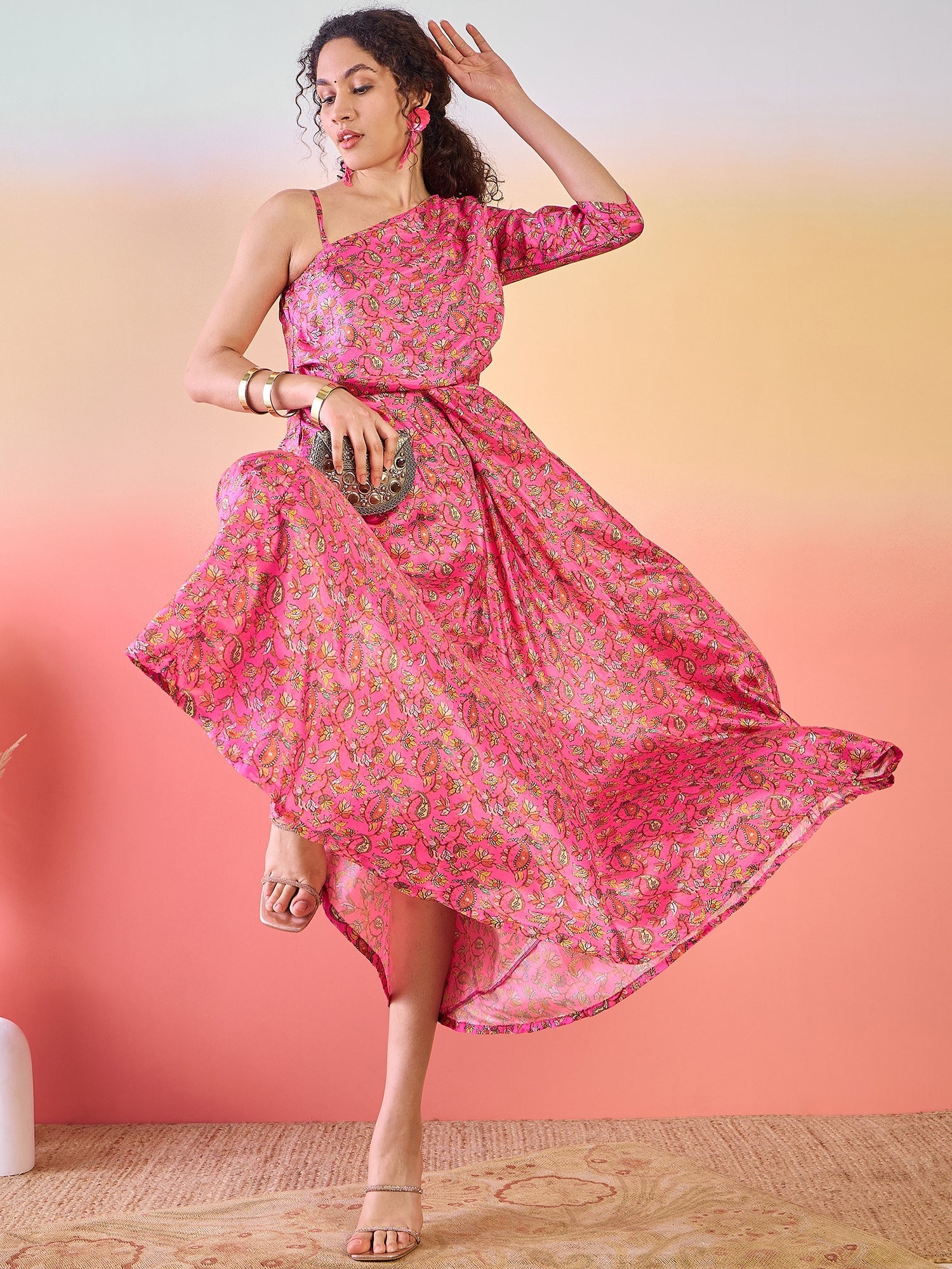 Pink Floral Print Flared Maxi Dress - Elganza