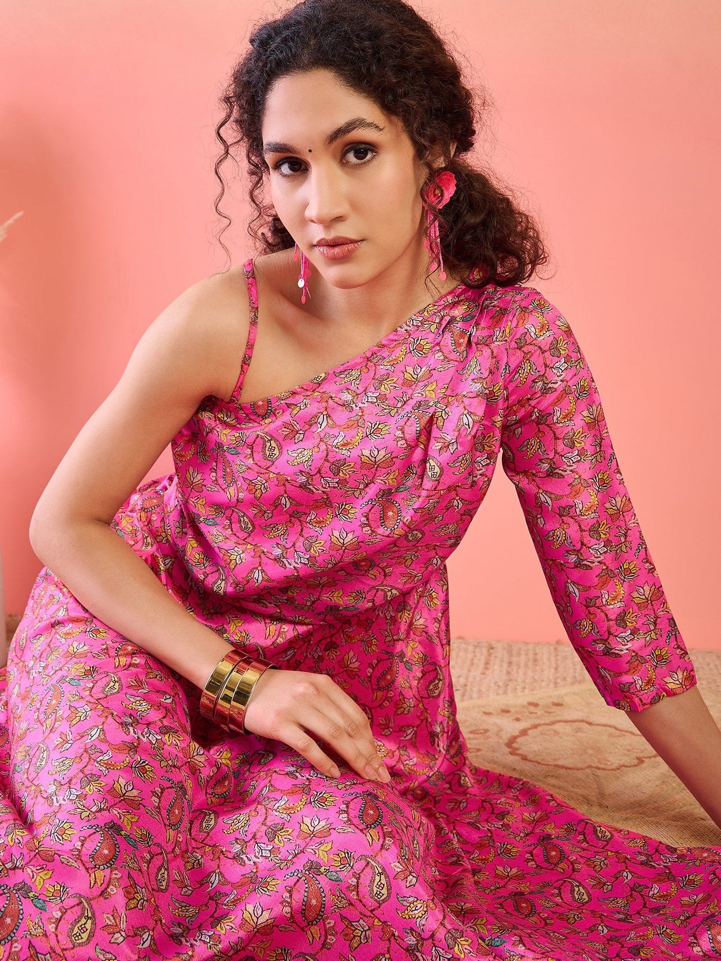 Pink Floral Print Flared Maxi Dress - Elganza
