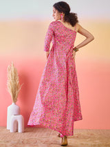 Pink Floral Print Flared Maxi Dress - Elganza