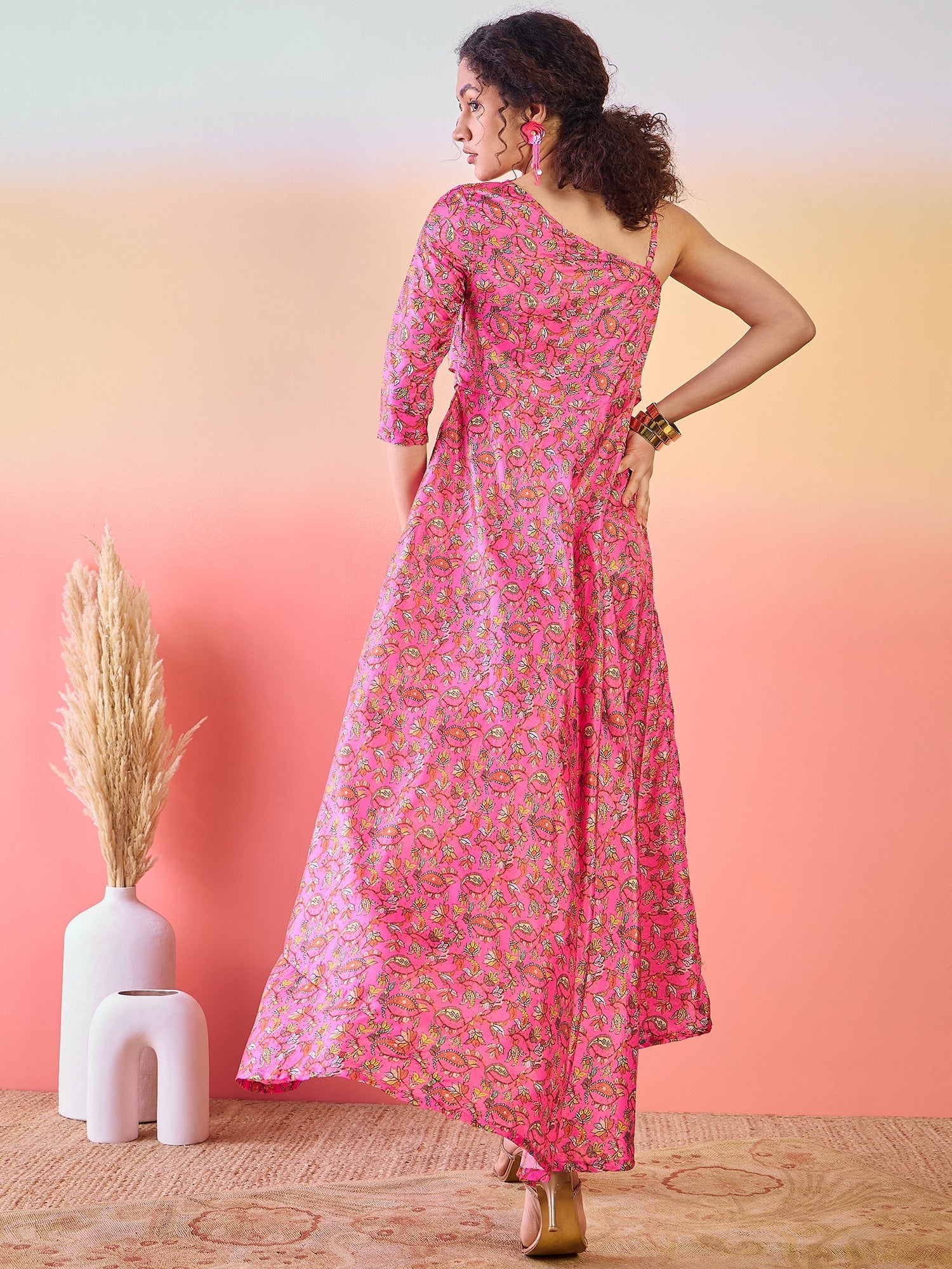Pink Floral Print Flared Maxi Dress - Elganza