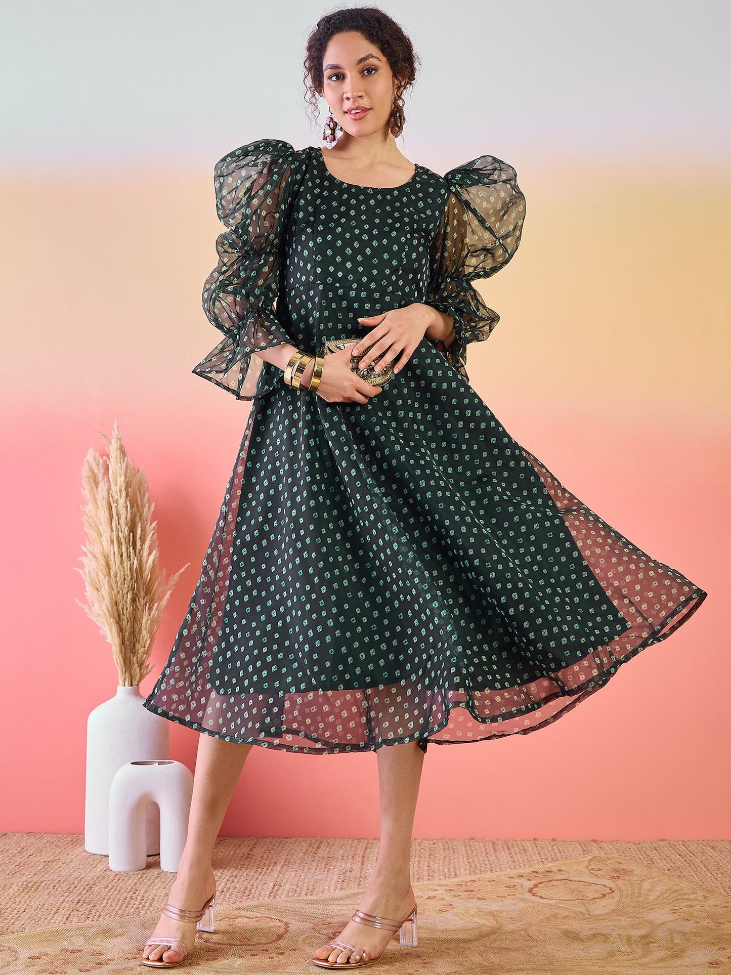 Dark Green Digital Print Flared Midi Dress - Elganza